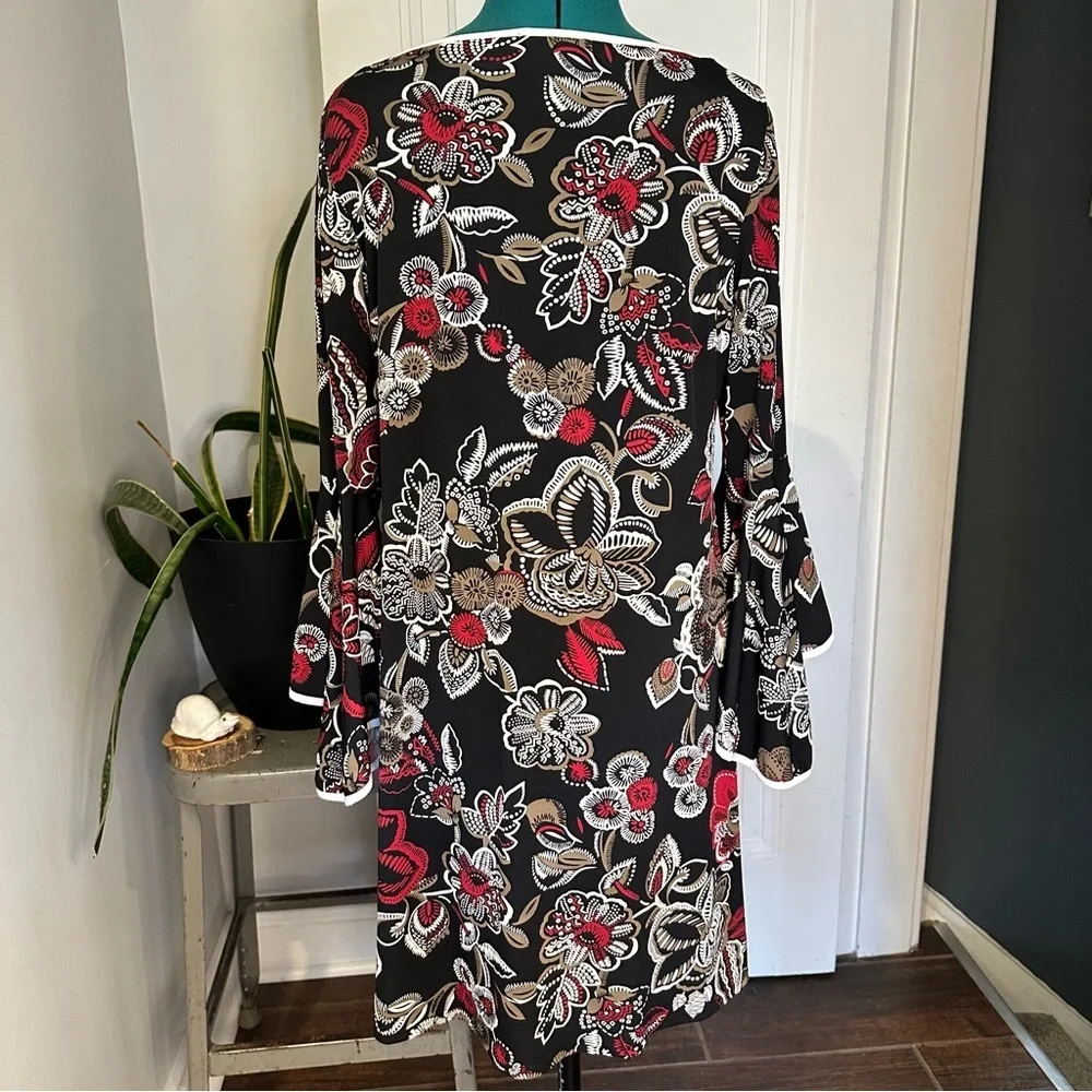 MSK Black Floral Midi Dress with Red and Cream Accents